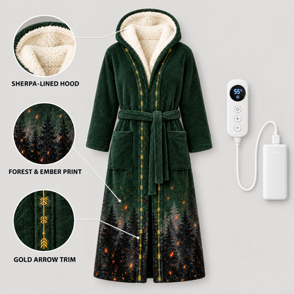 Arena Robe features: sherpa hood, forest and ember print, gold arrow trim