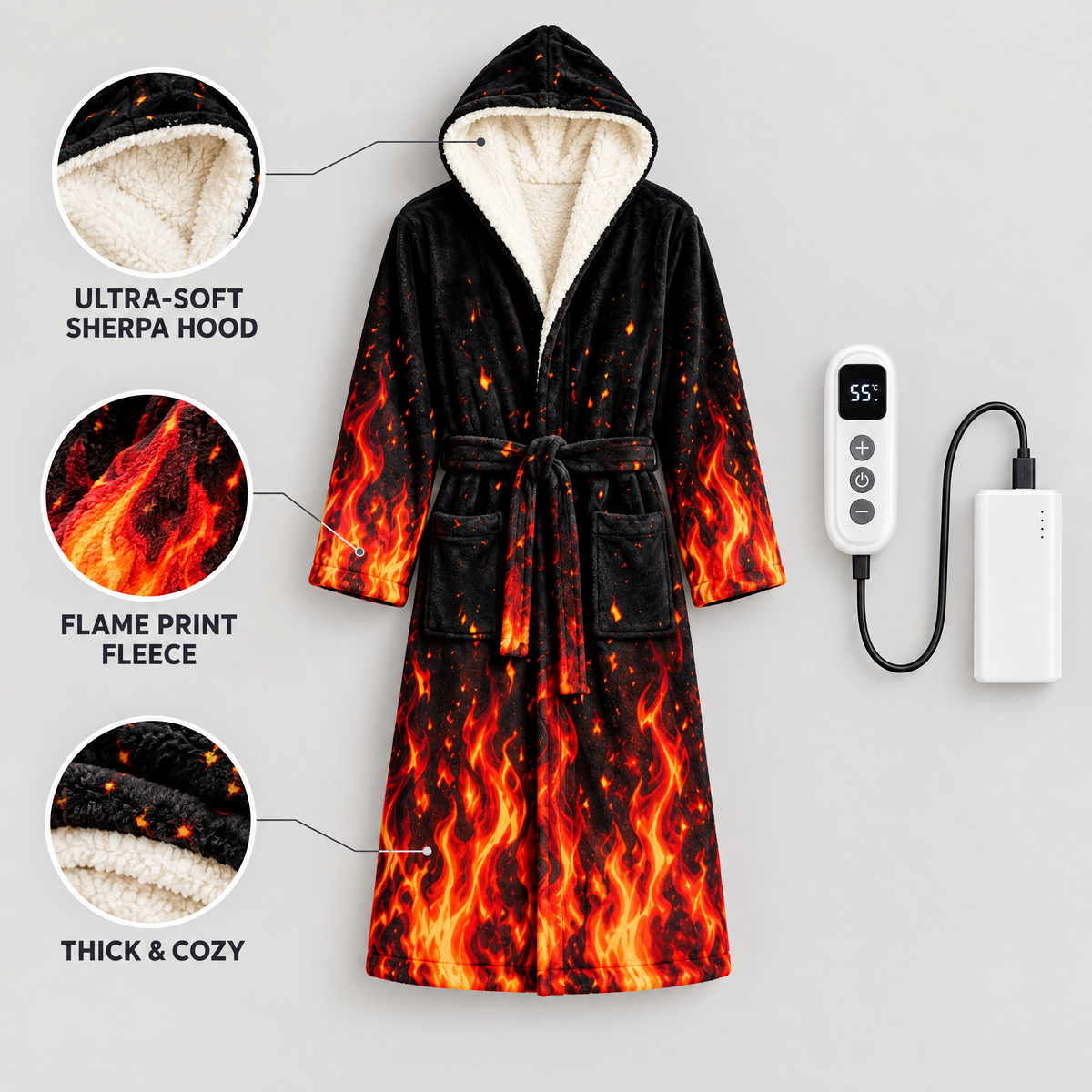 Ember Robe features: sherpa hood, flame print fleece, heating controller