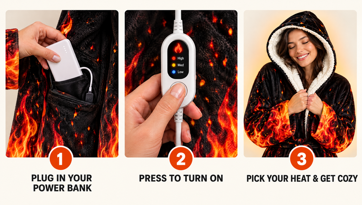 How it works: plug in your power bank, press to turn on, pick your heat