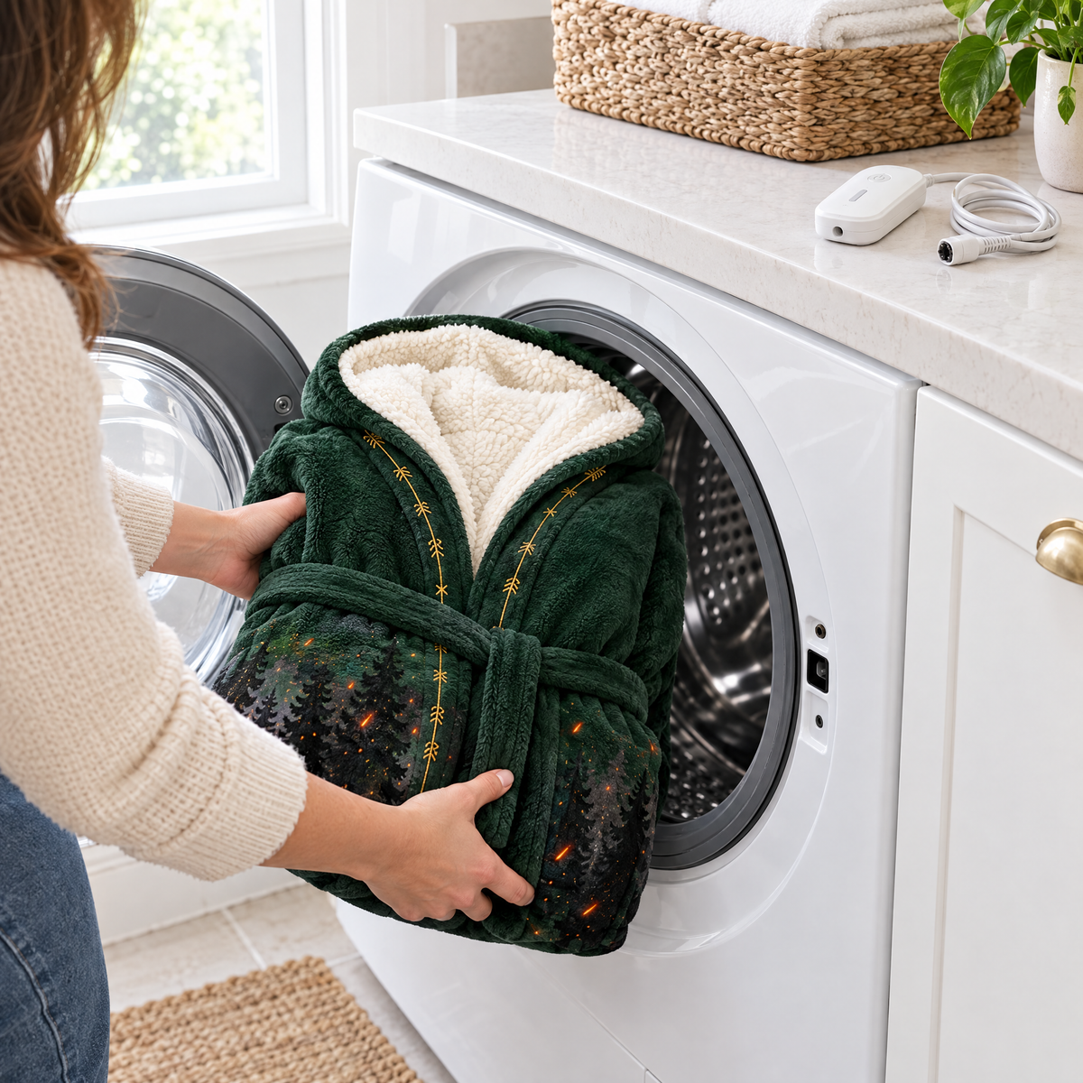 Heated robe going into the washing machine with the controller removed